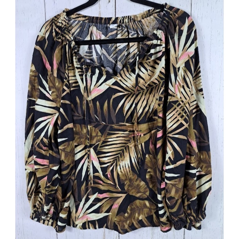 Old Navy Size Large Gold Tropical Leaf Print Long Sleeve Womens Top